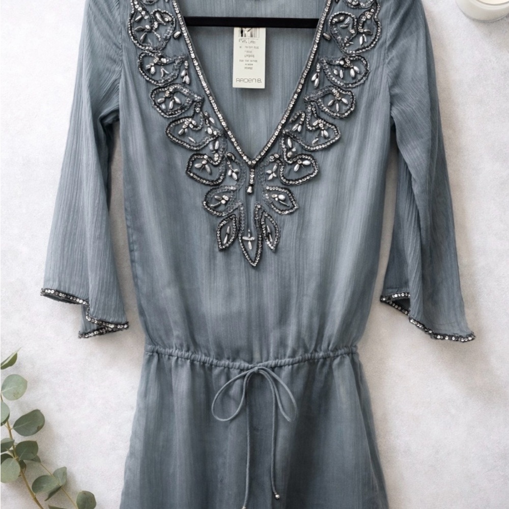 Arden B Gray Tunic with Embellished Neckline